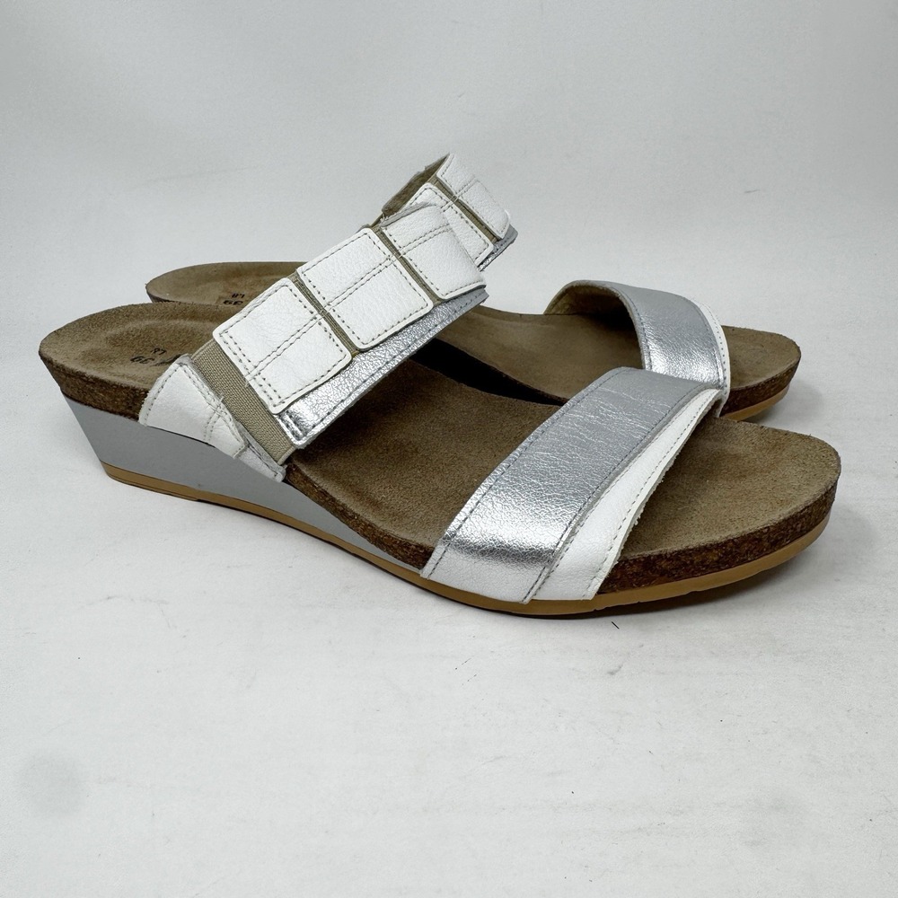 Naot Shoes Womens 39 / 8 White Silver Wedge Sandals Comfort Cork Sole Slip On